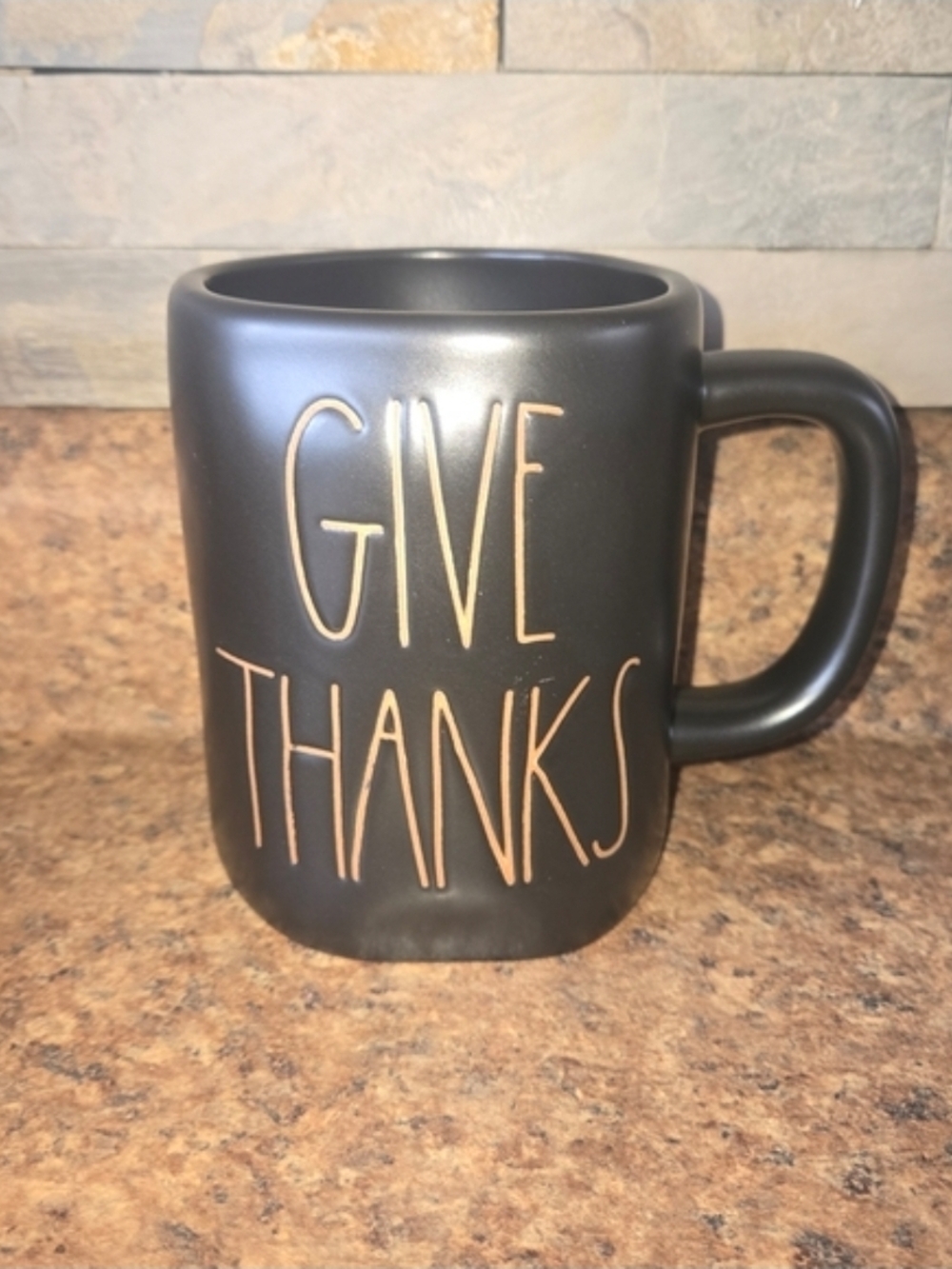 Rae Dunn Black "Give Thanks" Ceramic Mug with Copper Lettering